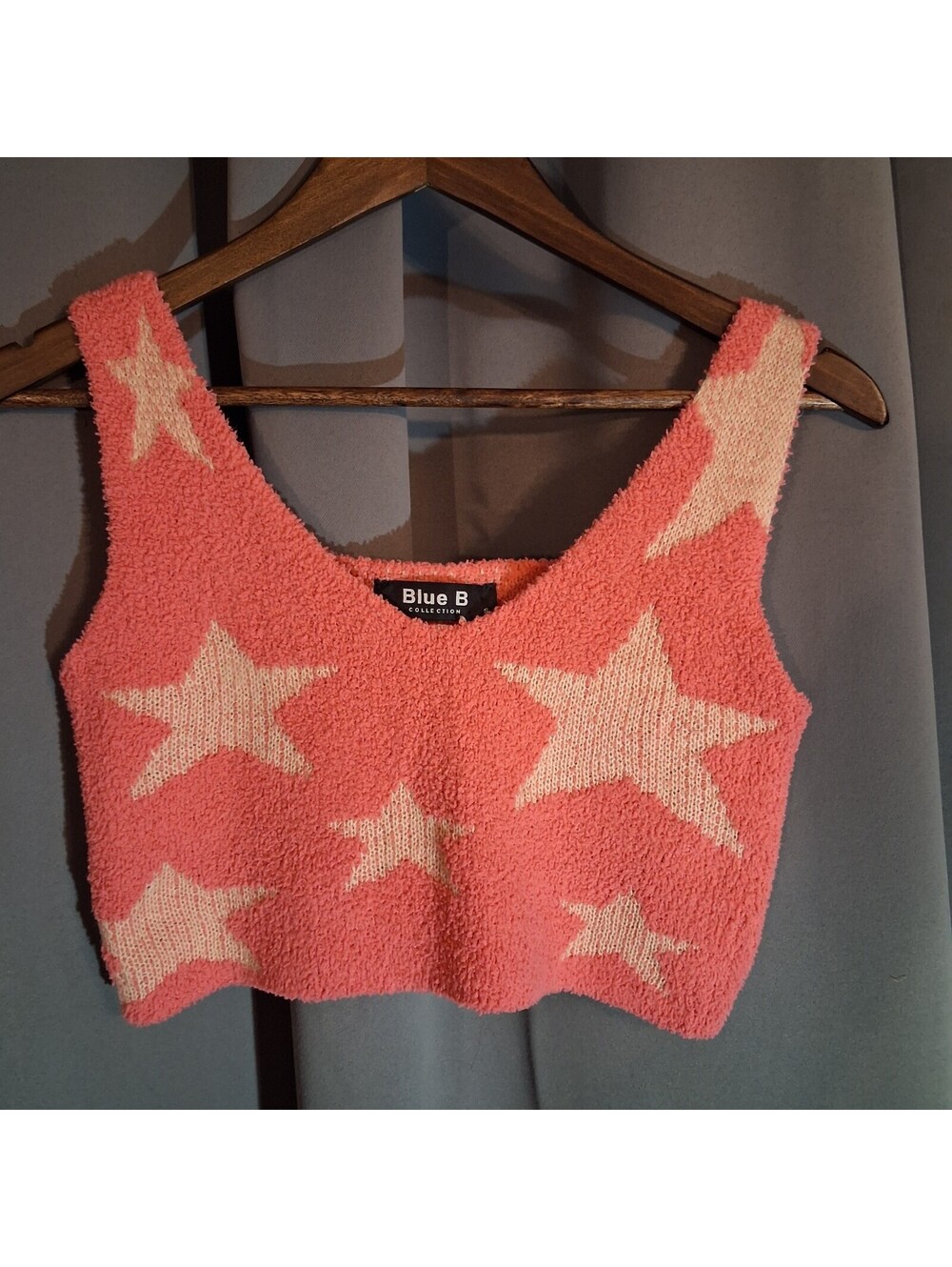 Blue B Collection Soft Sweater Crop Top with Star Pattern, Size S